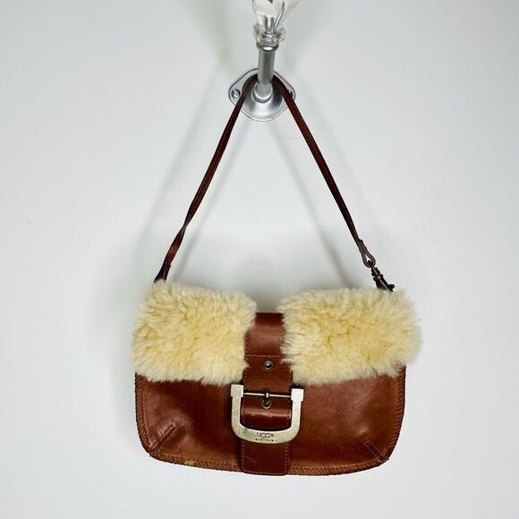 UGG Australia Leather Shoulder Bag Sherpa Lined Purse Cognac‎ Brown Buckle - Picture 8 of 8